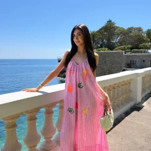 Robe longue rayée rose